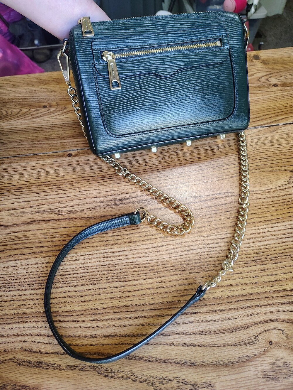 Rebecca Minkoff Avery Green Genuine Leather Crossbody Bag Gold Chain Strap.